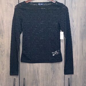 GAP Womens Black Floral Lace Long Sleeve Boat Neck Sheer Top Small NWT